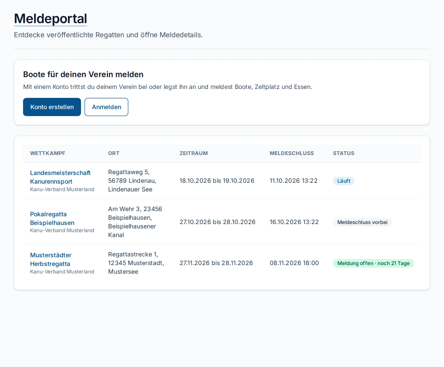 Das Meldeportal mit den veröffentlichten Wettkämpfen und ihrem Meldestatus