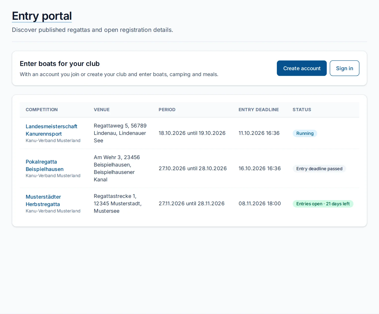 The entry portal with the published competitions and their entry status