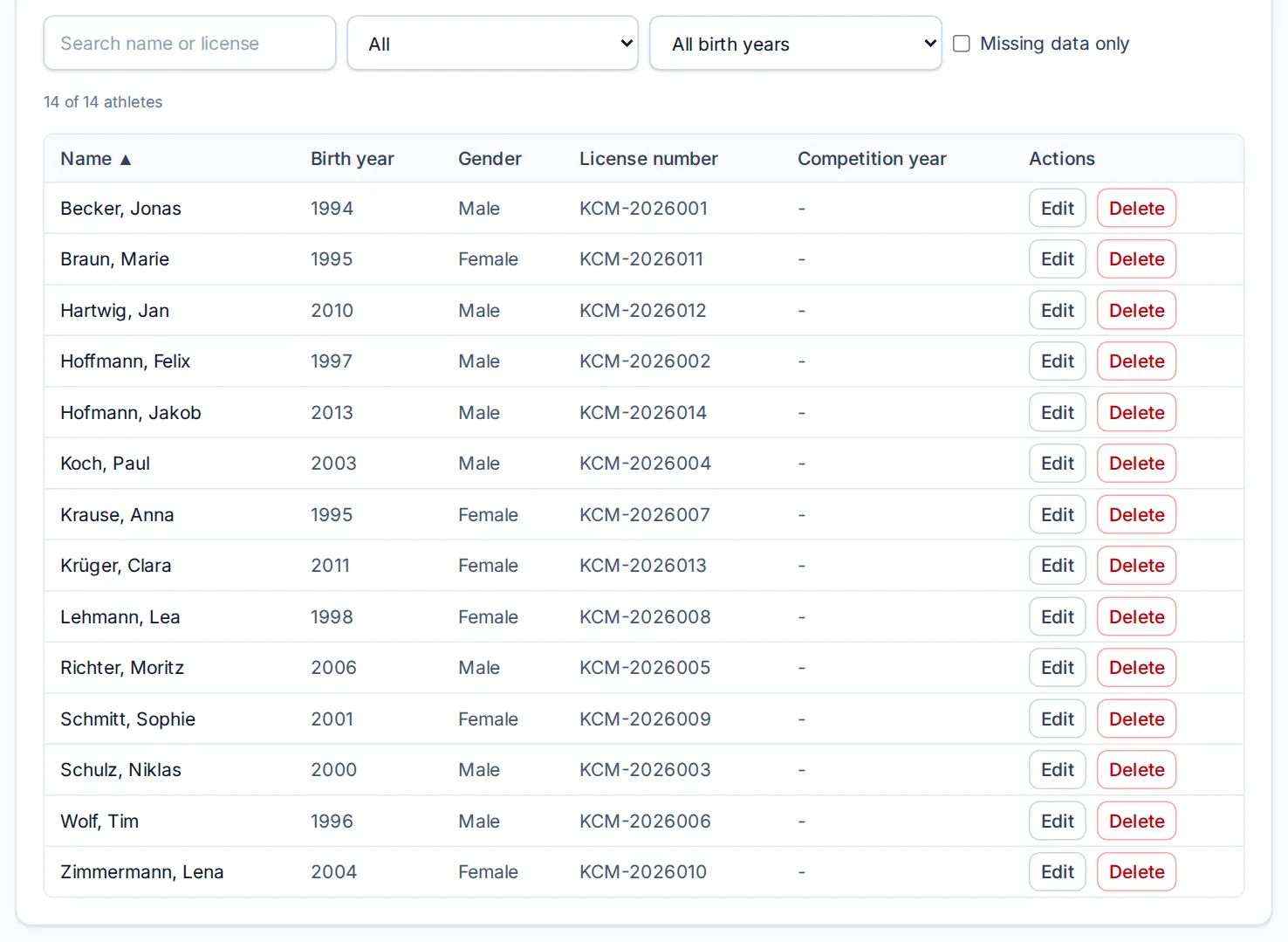 A club's athlete list with search and filters